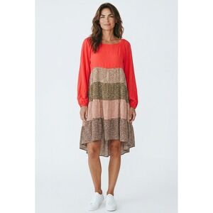 NWT ODDI Women 3XL Coral Leopard Print Tiered High Low Long Sleeve Boho Dress